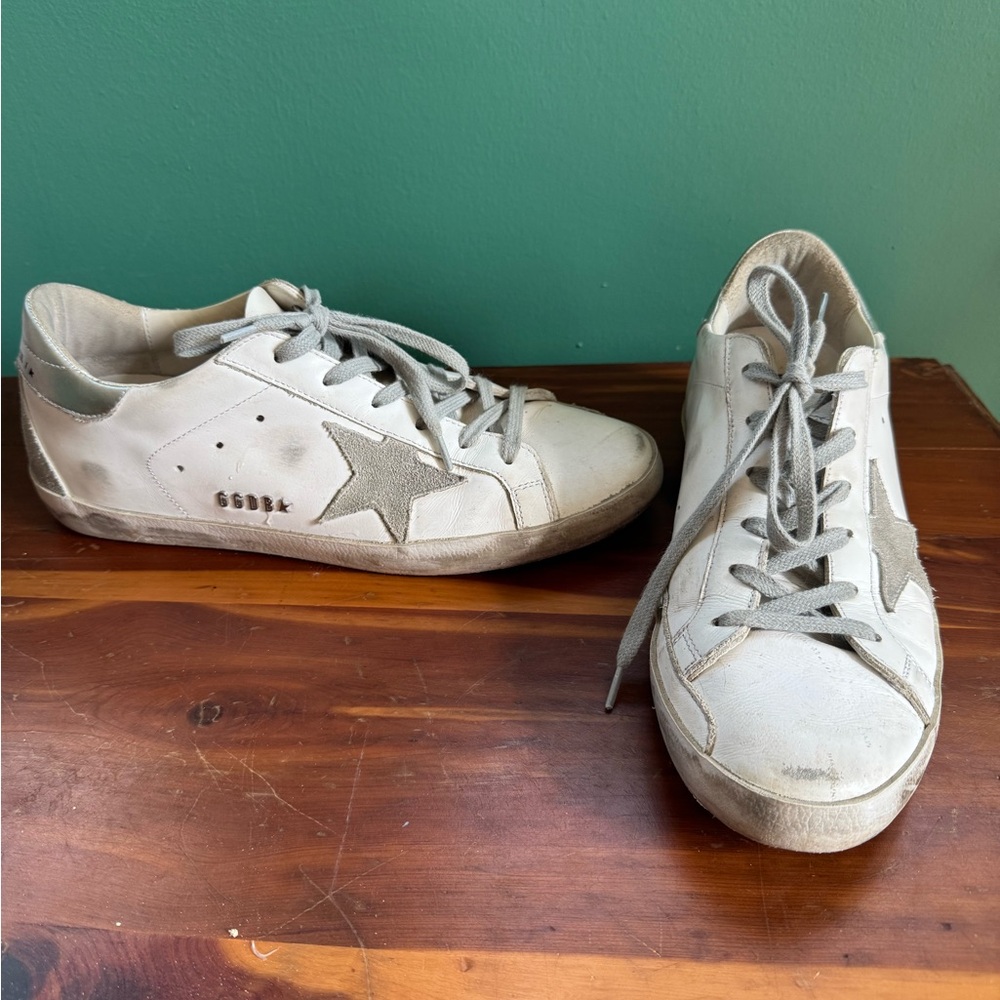 Golden Goose Cream Sneakers with Silver Accents